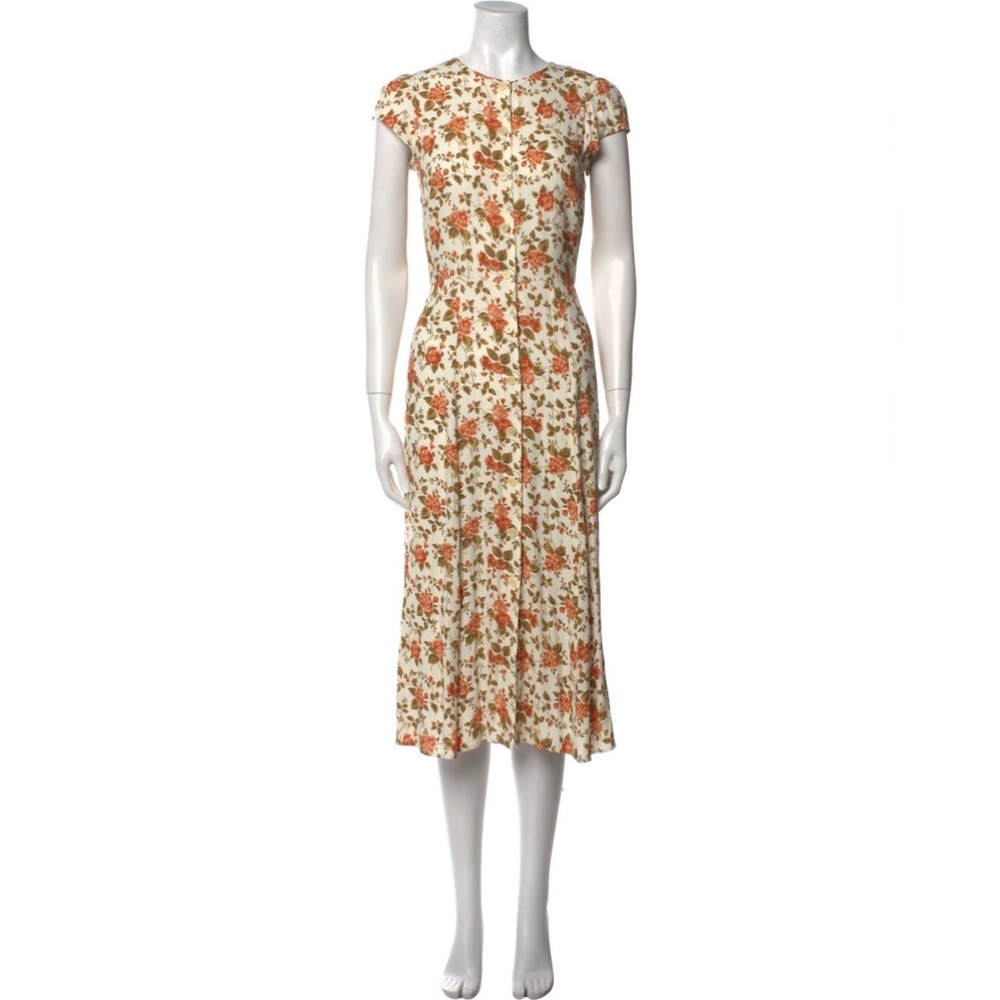 Reformation Cream Midi Dress with Orange and Olive Floral Print